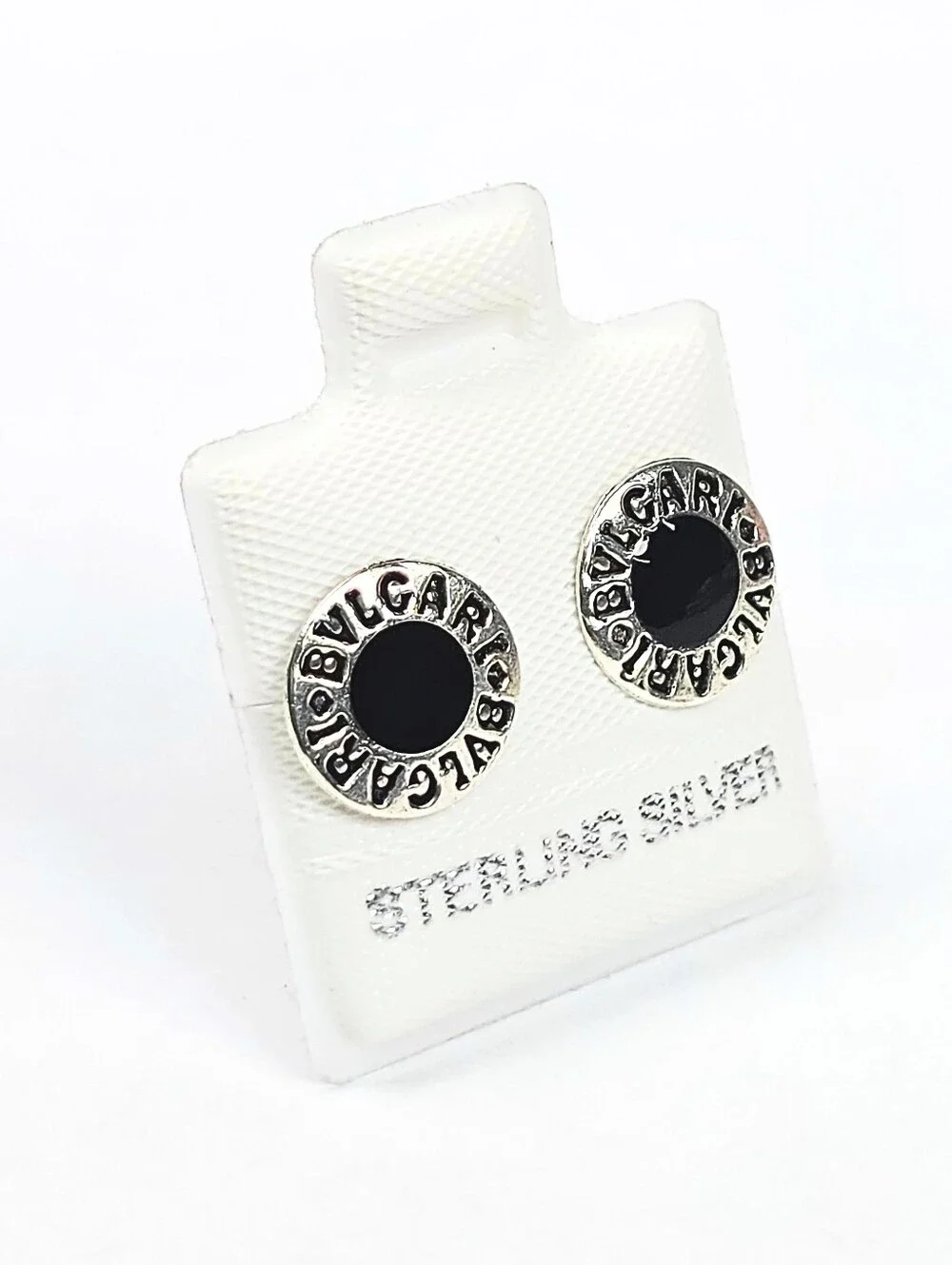 Bvlgari Inspired Black Enamel Stud Earrings 925 Sterling Silver 10mm - Picture 2 of 8